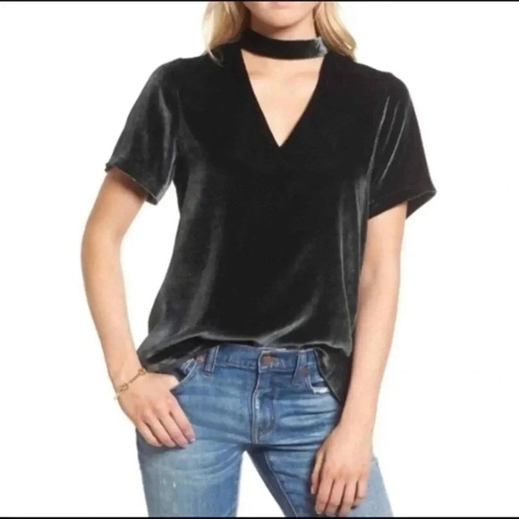 Madewell | Black Velvet Silk Blend Choker Top Short Sleeve Blouse Size XXS - Picture 1 of 4